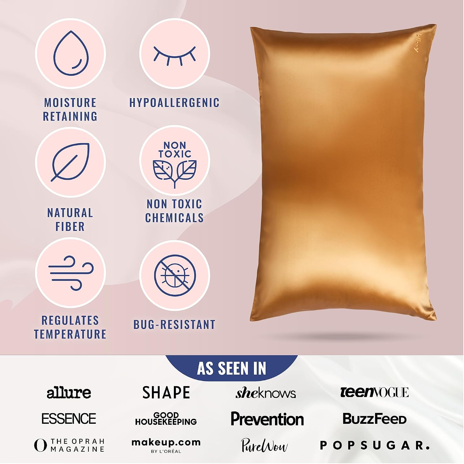 Blissy Silk Pillowcase - 100% Pure Mulberry Silk - 22 Momme 6A High-Grade Fibers - Silk Pillow Cover for Hair & Skin - Regular, Queen &…
