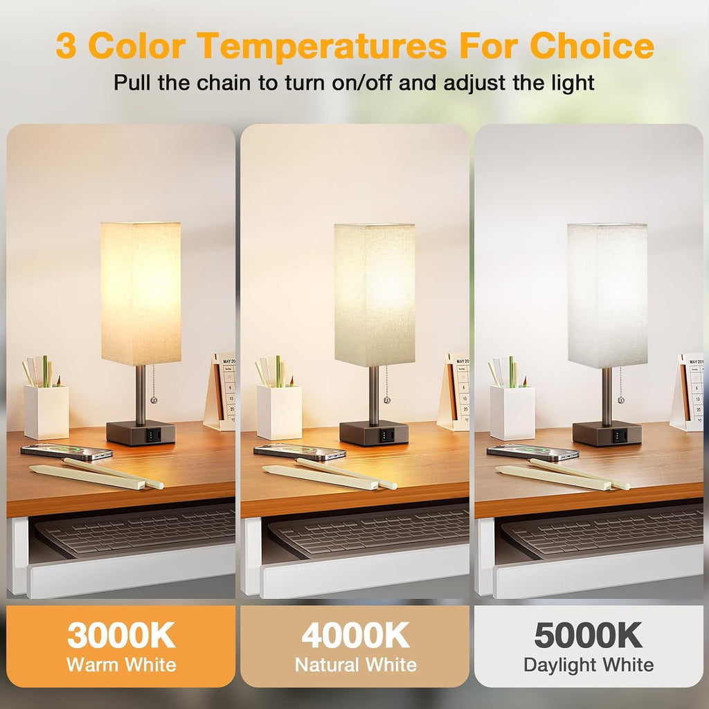 Aooshine Beige Small Table Lamp for Bedroom - 3 Color Temperature 3000K 5000K 4000K Bedside Lamp, Pull Chain Control, USB A and C Ports, Br…