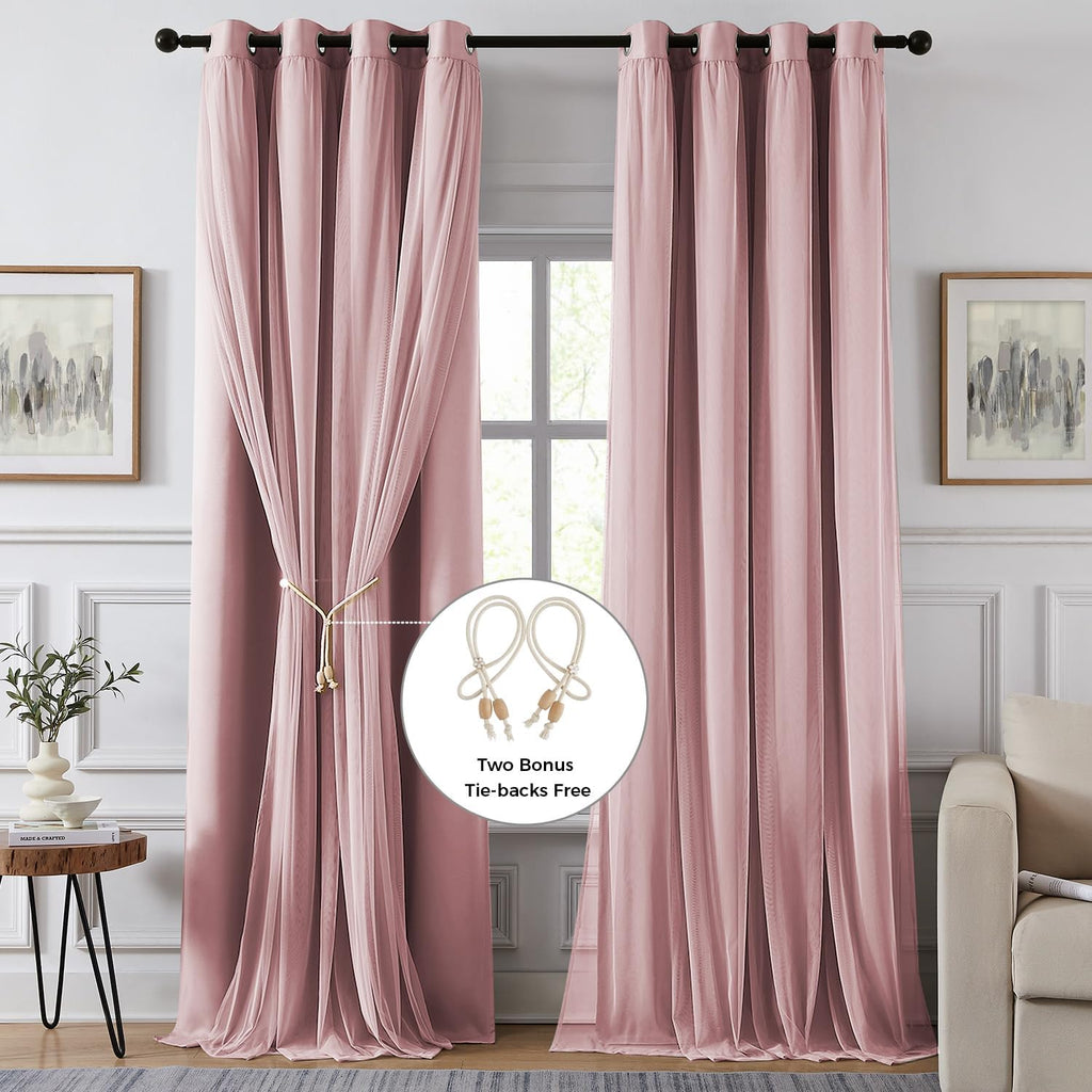 Swandream 100% Blackout Curtains for Bedroom, Double Layer Pink Curtains, Black Out Curtain 63 inch Long with Sheer Overlay for Living Room…