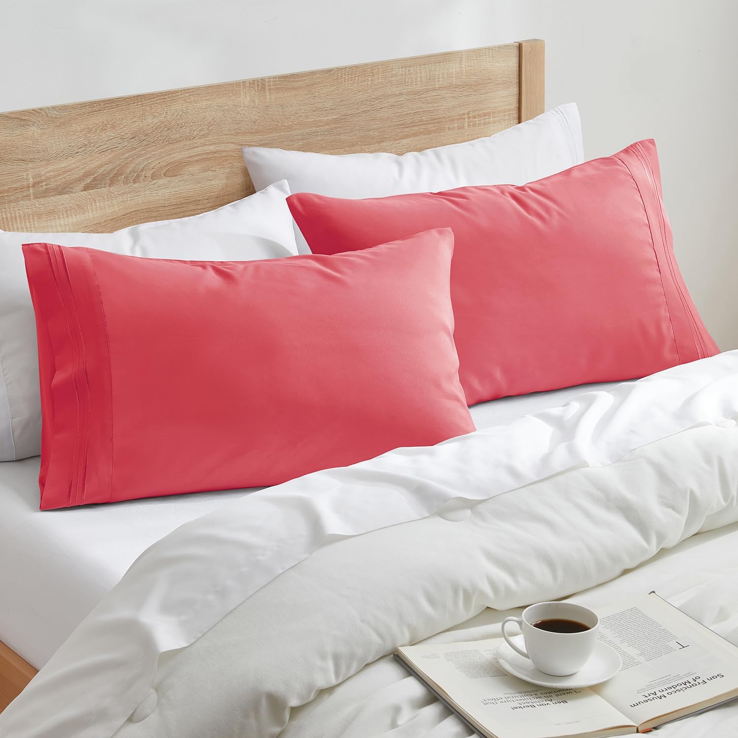 Nestl Coral Pink Pillow Cases Queen Size Set of 2, Soft Queen Pillow Case, 1800 Microfiber Queen Pillow Cases 2, Pillowcases Queen, Envelop…