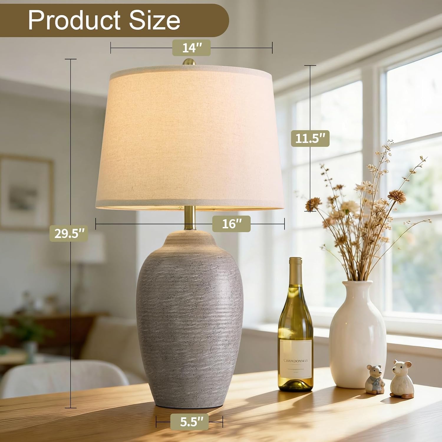 USumkky 29.5" Tall Vintage Ceramic Table Lamp with 5FT Cord - Single Large Rustic Farmhouse Bedside Lamp with Linen Shade & Natural Texture…