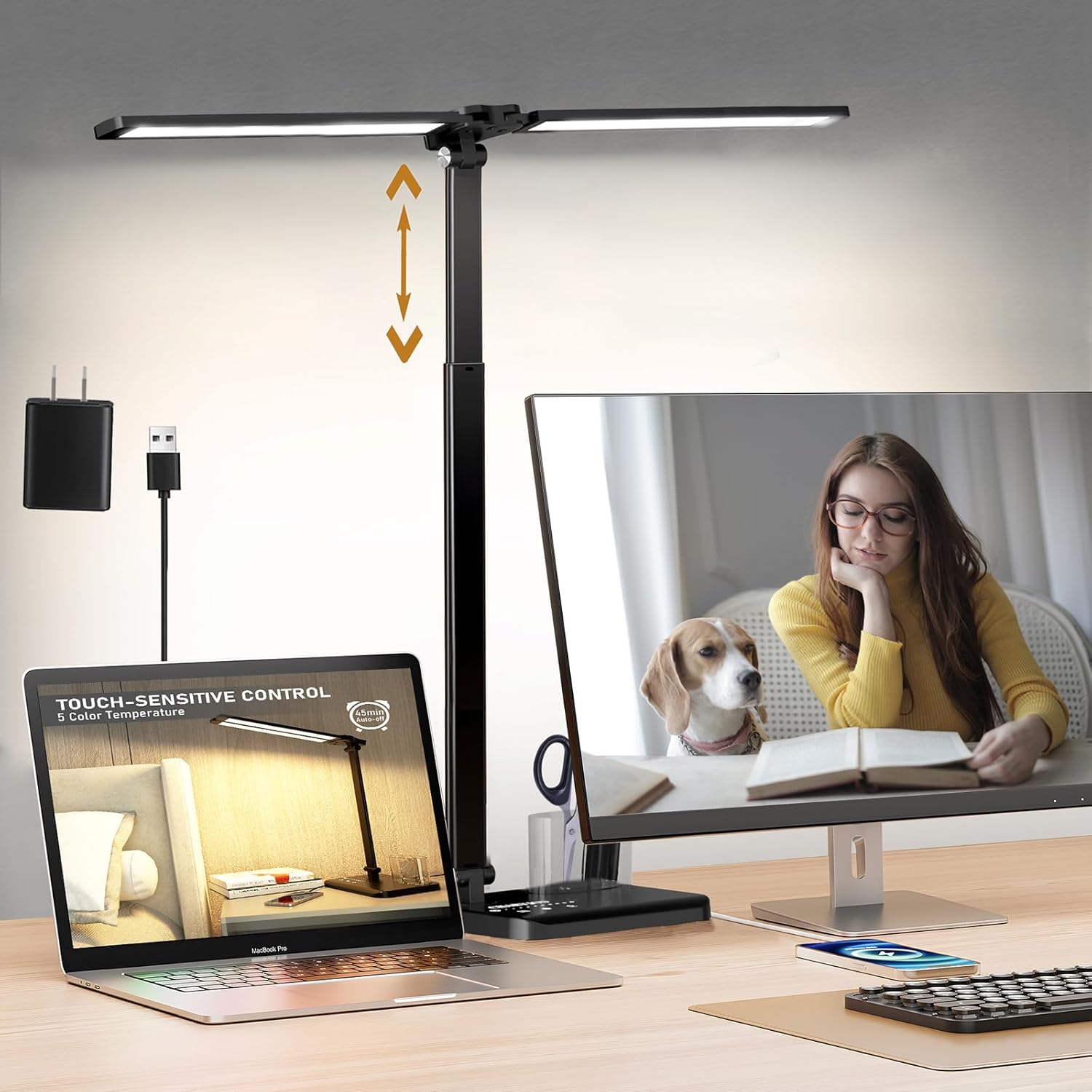 CHARYJOD Retractable Dimmable LED Desk Lamp with USB Charging Port, 50 Lighting Modes Dual Swing Arm Architect Adjustable Table Lamp…