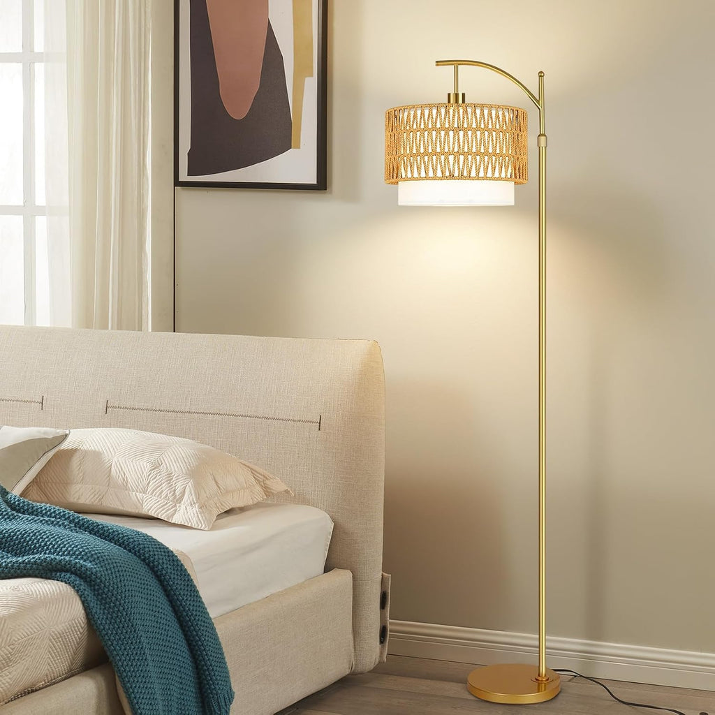 Gold Floor Lamps for Living Room Rattan Boho Floor Lamp with Remote Control & 3 Color Temperature, Dimmable Arc Floor Lamps Wicker Lamp…
