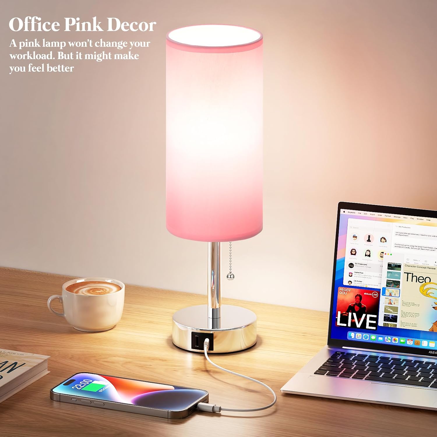 Dicoool Small Bedside Table Lamp for Bedroom, Pink Nightstand Lamp for Girls Kids, 3 Color Temperatures & USB Charging Port, Cute Desk…