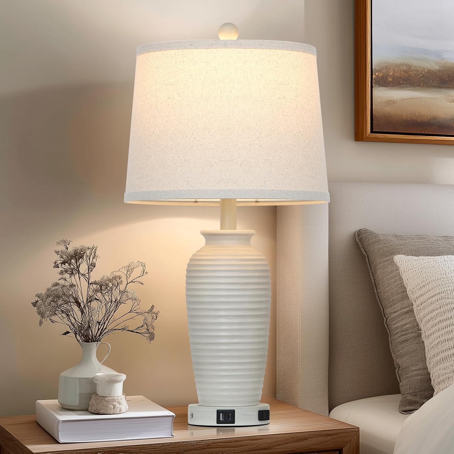 CINSARY 25" Vintage Farmhouse Jar Table Lamps, Single Rustic Bedside Lamp with USB A+C Ports & AC Outlet, Nightstand Lamps for Living…