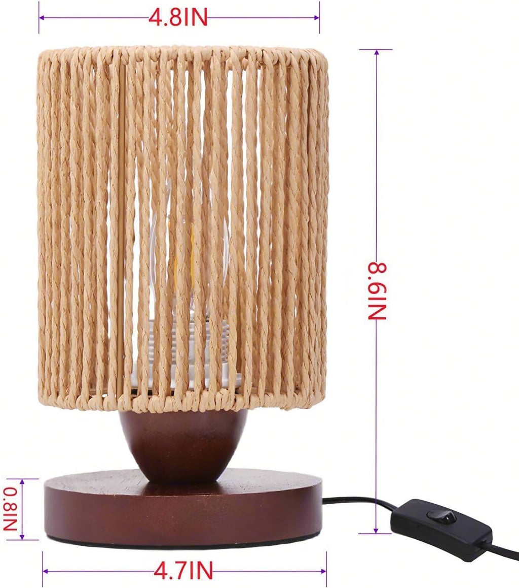 Small Rattan Table Lamp for Bedroom, Boho Bedside Lamp with Warm LED Bulb, Handwoven Wicker Nightstand Lamp for Nursery, Entryway & Dorm…