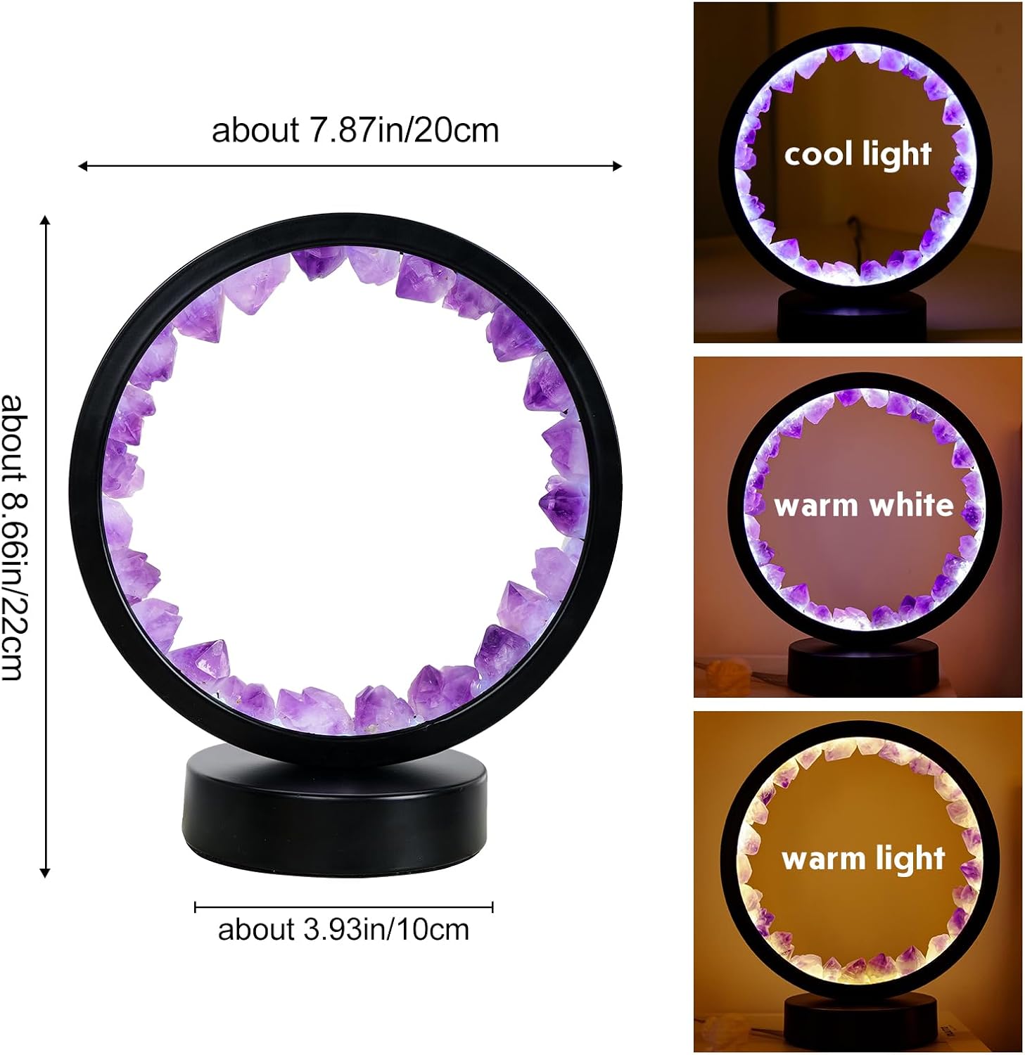Runyangshi Amethyst Tooth Night Lamp 8.6" Natural Healing Crystal Bedside Lamp USB Port 3 Colours Dimming Mode Bedroom Lamp Suitable…