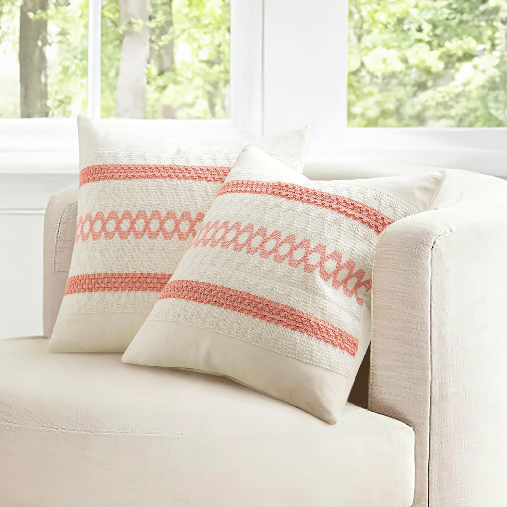 MIULEE Set of 2 Coral Red Boho Valentines Decorative Pillow Covers 18x18 Inch Farmhouse Rustic Couch Throw Pillows Modern Spring Cotton…