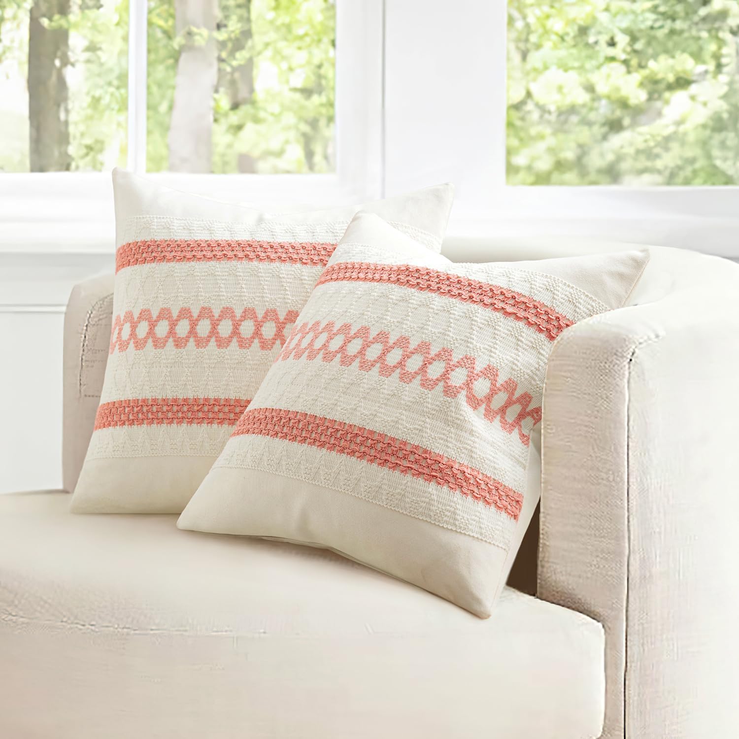 MIULEE Set of 2 Coral Red Boho Valentines Decorative Pillow Covers 18x18 Inch Farmhouse Rustic Couch Throw Pillows Modern Spring Cotton…