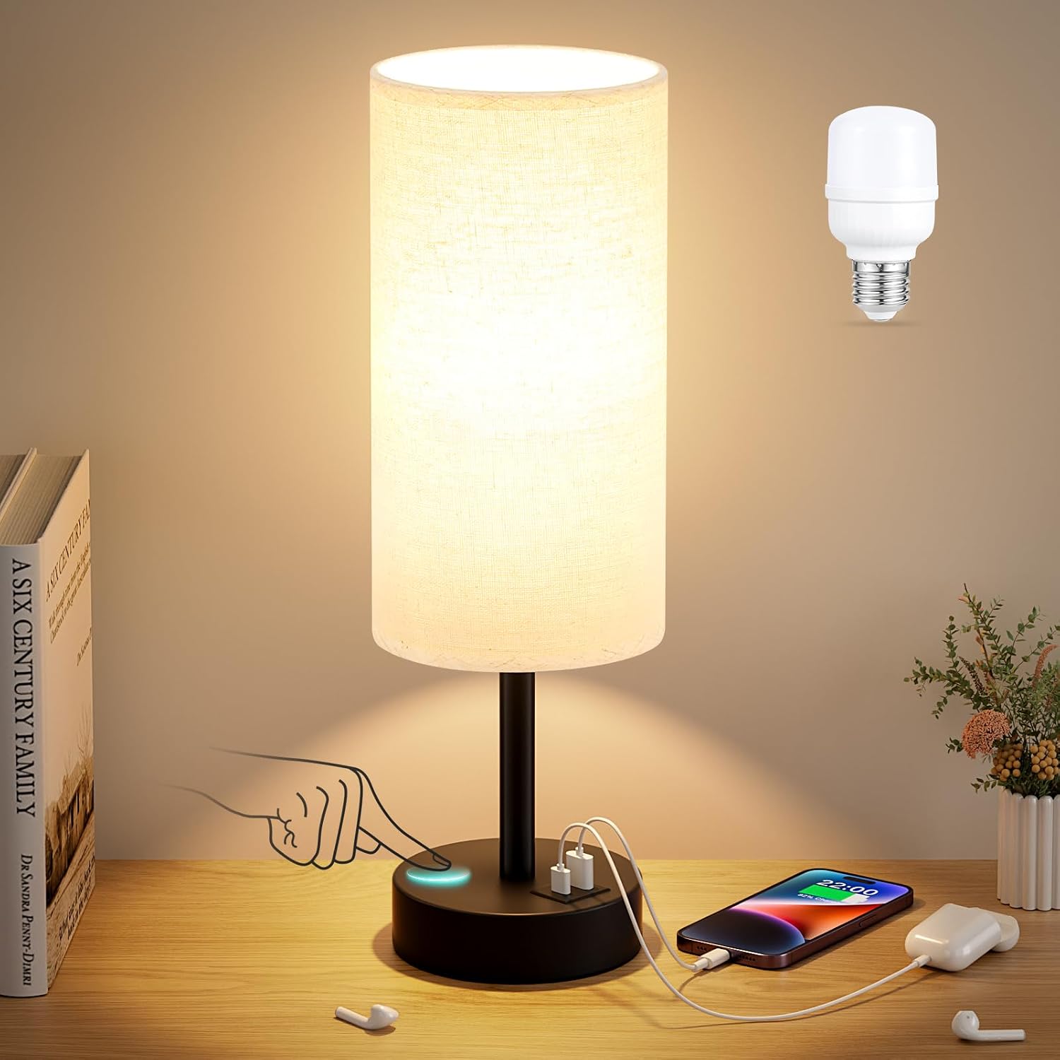 Dicoool Beige Touch Lamp for Bedroom with USB - 3 Way Dimmable Table Lamp for Nightstand, Small Lamp with Black Charging Station for Desk…