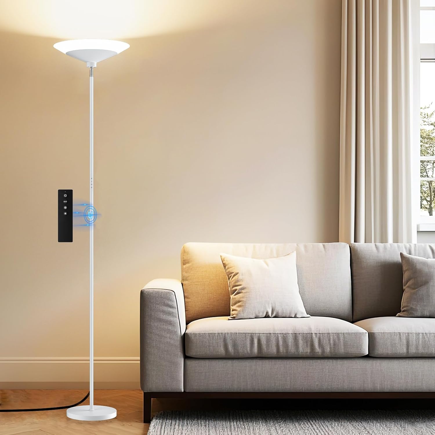 SIBRILLE White Torchiere Floor Lamp - 30W Dimmable LED Standing Lamp with Remote/Button Control, 1800Lm, 3000-6500K, 72in Bright Standing…