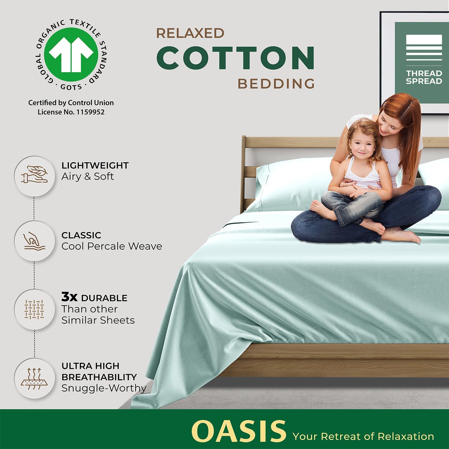THREAD SPREAD 100% Organic Cotton Sheets California King Size - 4 PC Organic Cotton Cal King Size Percale Weave Sheet Set, Soft, Cooling…