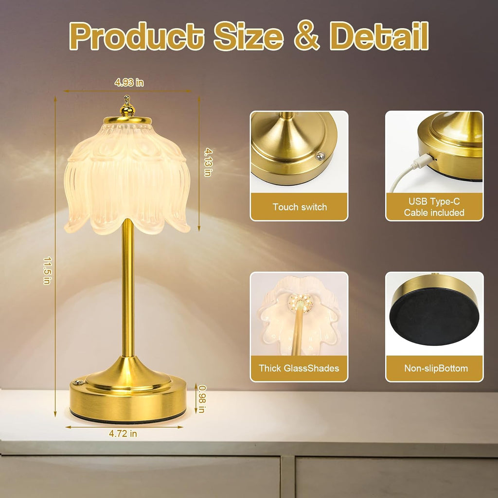 Cordless Lotus Flower Table Lamp, 5200mAh Rechargeable Battery Operated Portable Lamp, 3-Color Dimmable Touch Control Small Desk Lamp for…