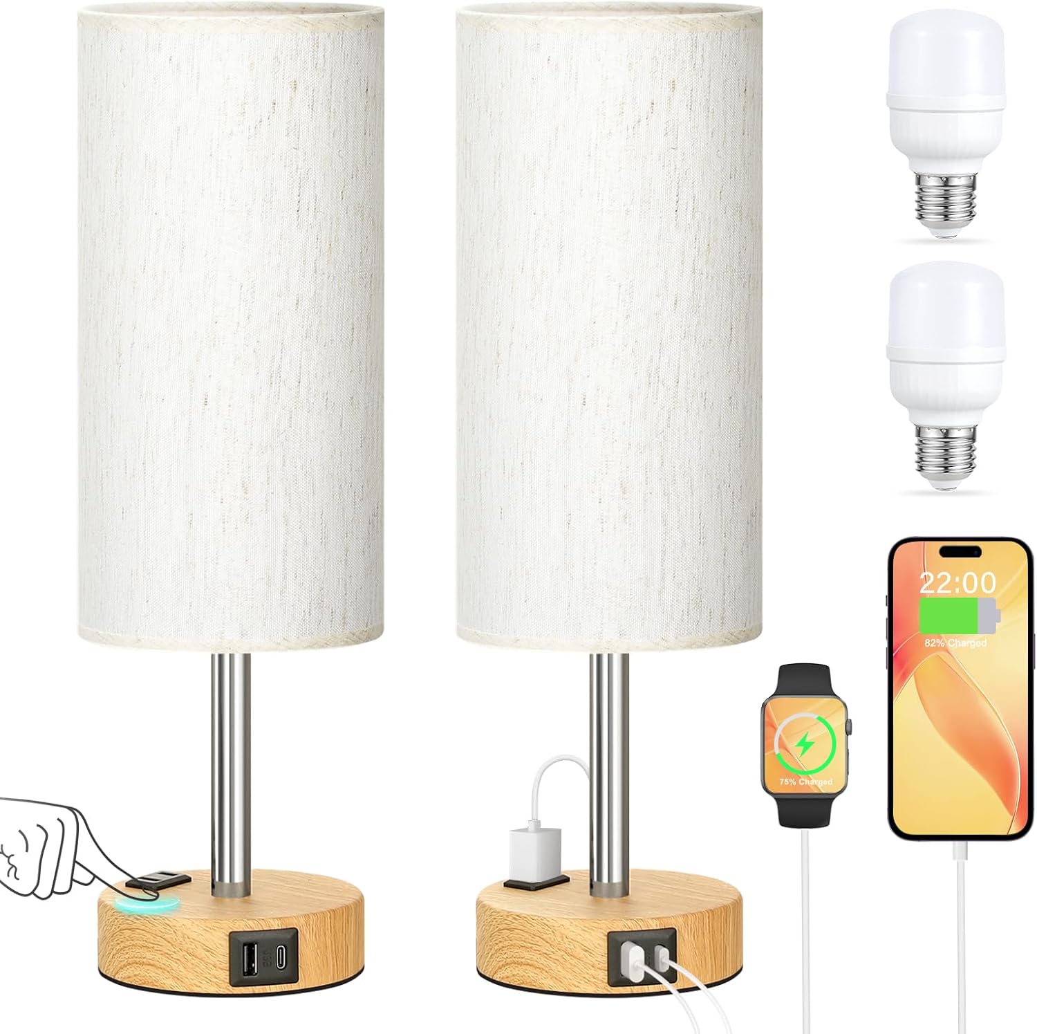 Touch Bedside Table Lamps Set - 3 Way Dimmable Bedroom Lamps Set of 2 with USB C and A Ports, Small Lamps for Nightstand with AC Outlet…