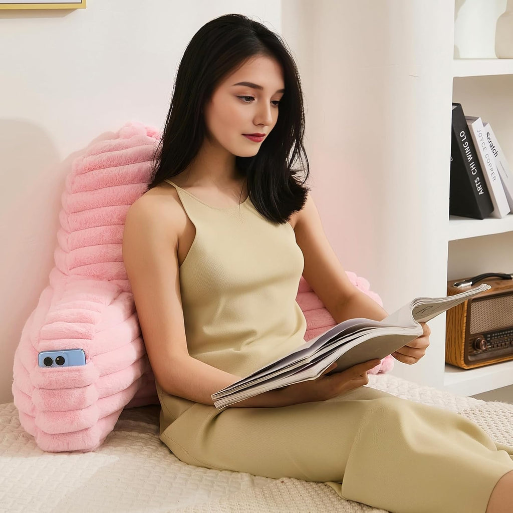 Memfydu Faux Fur Fluffy Pink Reading Pillow with Pockets, Luxury Striped Plush Decorative, Arm Rests and Back Support for Bed Rest, Loungin…