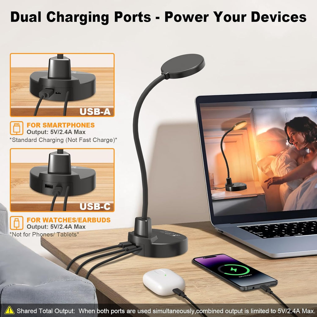 15W LED Desk Lamp with USB Charging Ports – Dimmable Table Lamp with 3 Color Temps, 5 Brightness, 4 Timers, Flexible Gooseneck Light with…