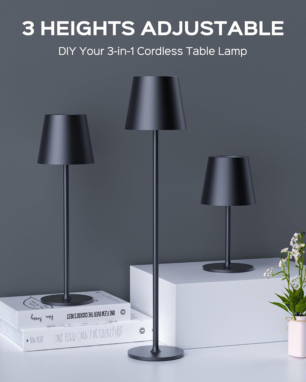 JACKYLED Cordless Table Lamps Rechargeable, 3 Adjustable Height, 5000mAh Battery Operated, 3 Colors Smooth Dimming, Portable LED…