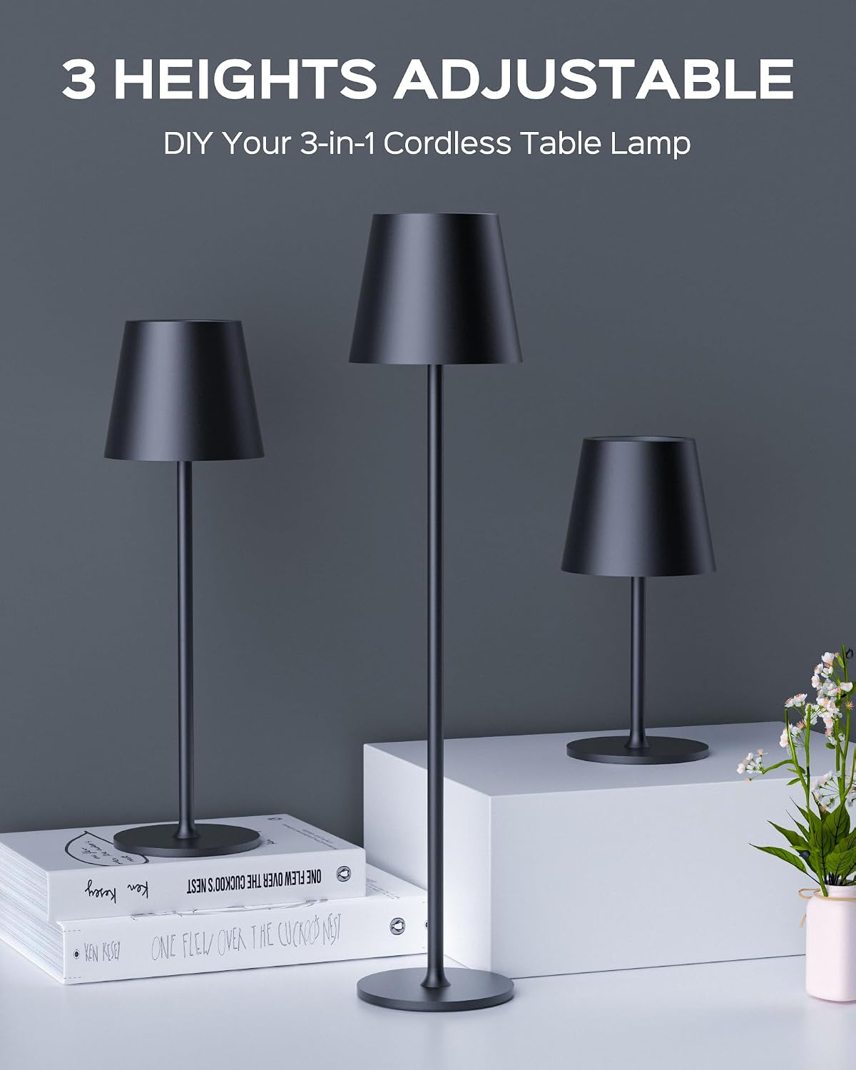JACKYLED Cordless Table Lamps Rechargeable, 3 Adjustable Height, 5000mAh Battery Operated, 3 Colors Smooth Dimming, Portable LED…