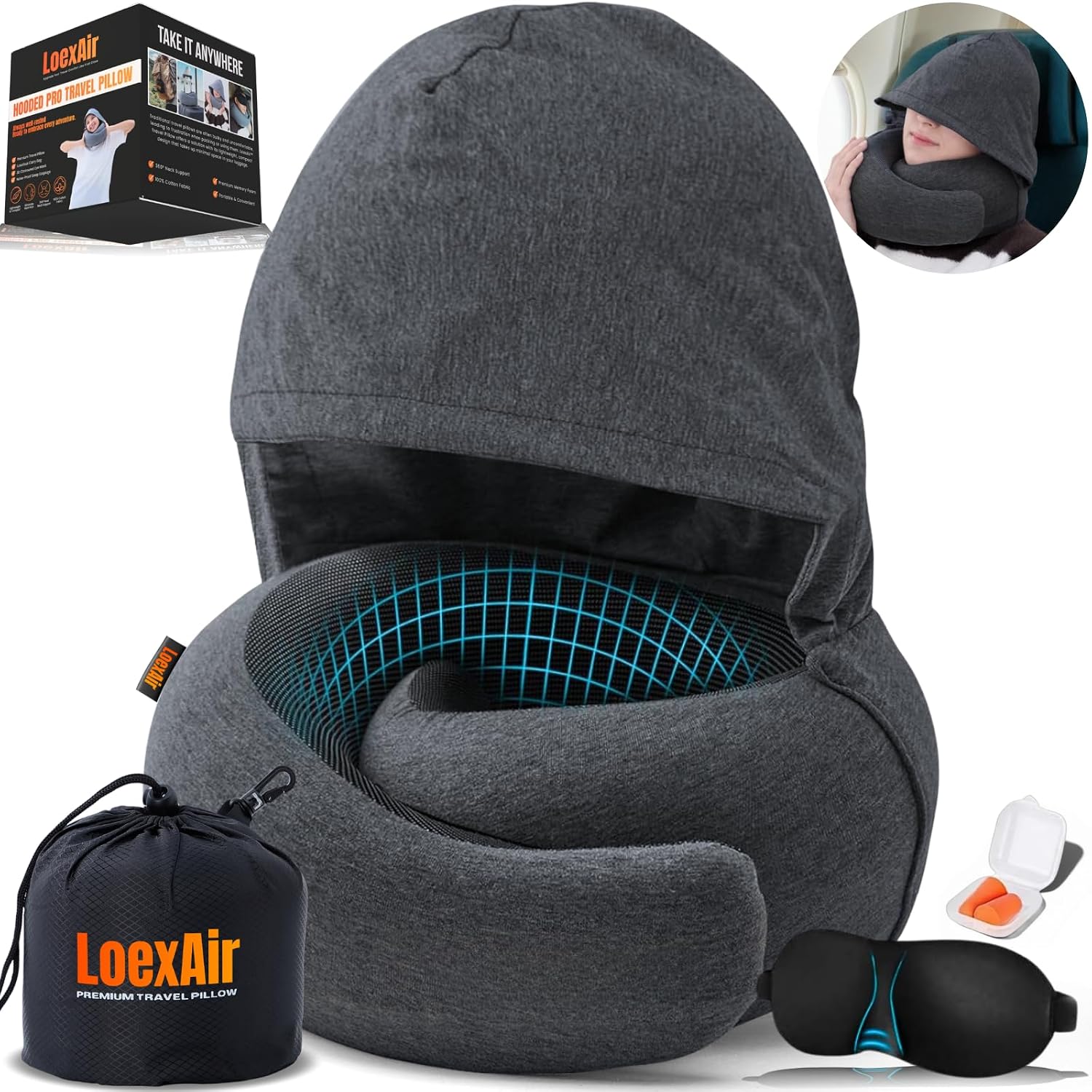 LOEXAIRTM Hooded Pro Travel Pillow - Memory Foam Neck Support Pillow for Airplane, Flight - Super-Soft Pure Cotton Fabric, Maximum Privacy…