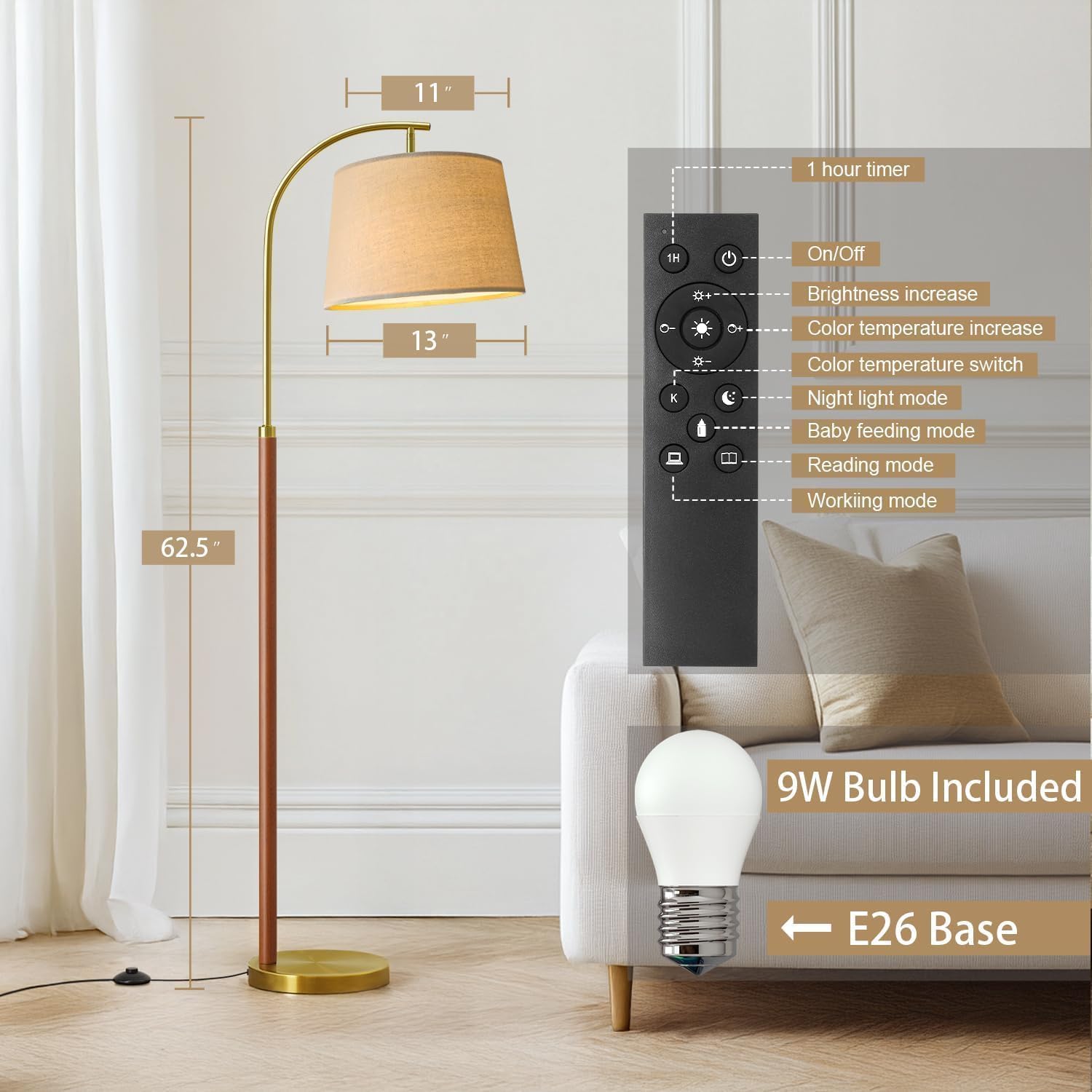 62.5" Gold Floor Lamp for Living Room Dimmable Standing Lamp with Remote & Foot Switch, 3 Color Temperatures Arc Tall Lamp Wood Mid…
