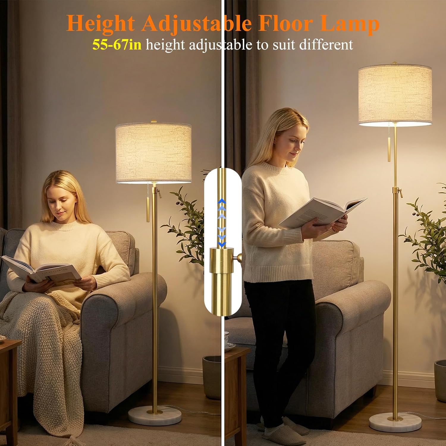 Qingmiao Gold Floor Lamps for Living Room, 55"-67" Height Adjustable Modern Tall Lamp, 3-Way Dimmable Standing Lamp for Bedroom Office…