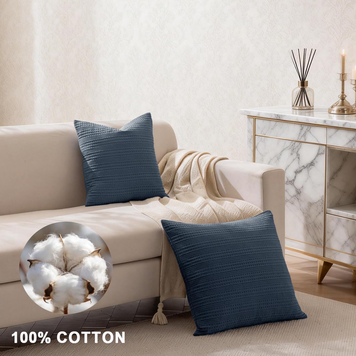 Cocoploceus 18x18 Throw Pillow Covers Set of 2 Boho Decorative Pillow Shams Stone Washed Cotton Pillowcase Waffle Square for Couch Sofa Cha…