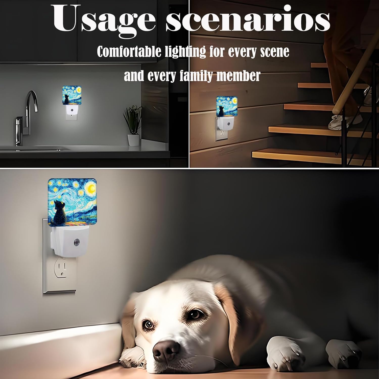 Starry Night Cat Night Light, Plug-in Nightlights Auto Sensor Night Lamp Dusk-to-Dawn Lamp Home Decor for Nursery Children Girls Boys