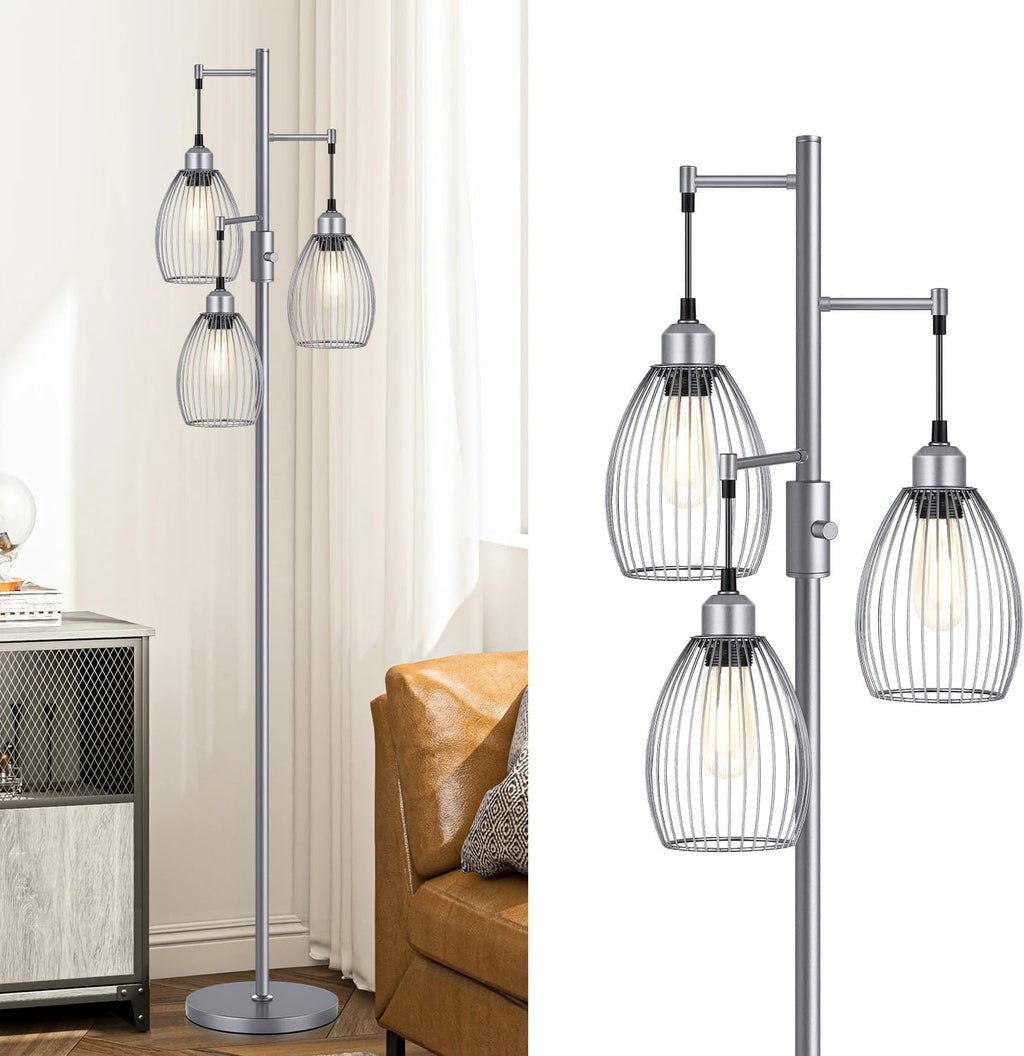 Torondo Dimmable Industrial Floor Lamps for Living Room, Gray Tree Standing Tall Lamps with 3 Elegant Teardrop Cage Head & 800 Lumens LED…