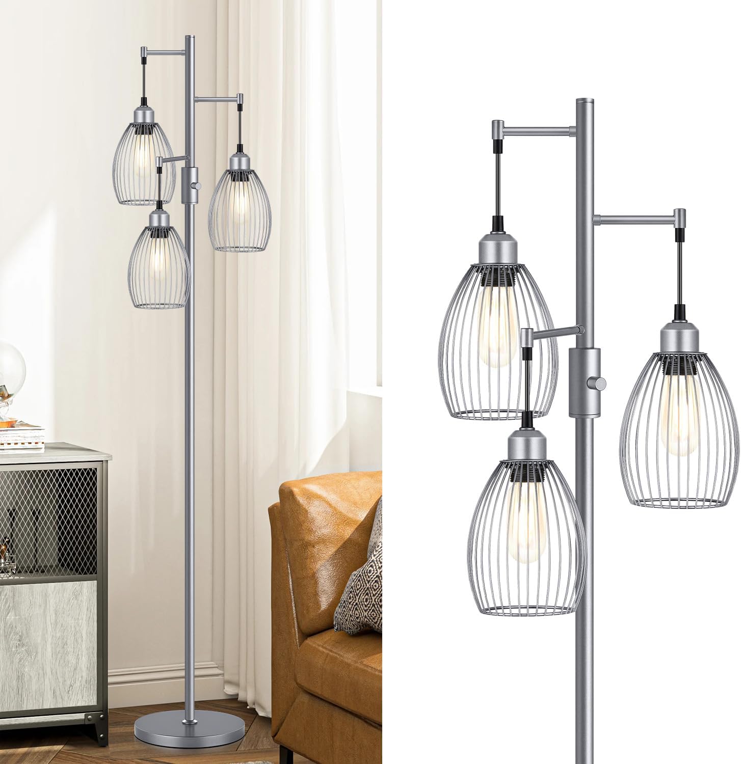Torondo Dimmable Industrial Floor Lamps for Living Room, Gray Tree Standing Tall Lamps with 3 Elegant Teardrop Cage Head & 800 Lumens LED…