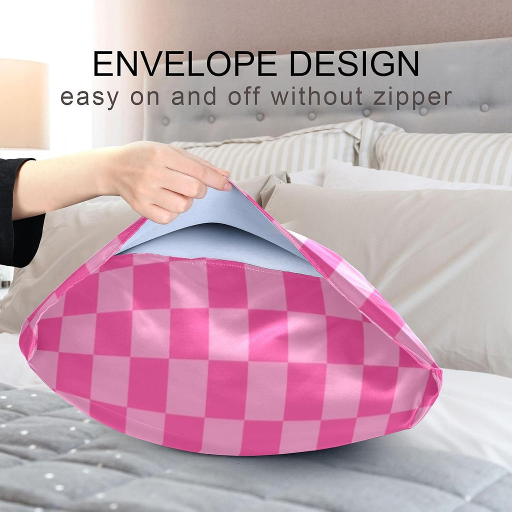 Pink Checkered Pillow Covers Silk Pillowcase for Hair and Skin Breathable Soft Cooling Satin Pillowcase Standard Size Pillow Case for…