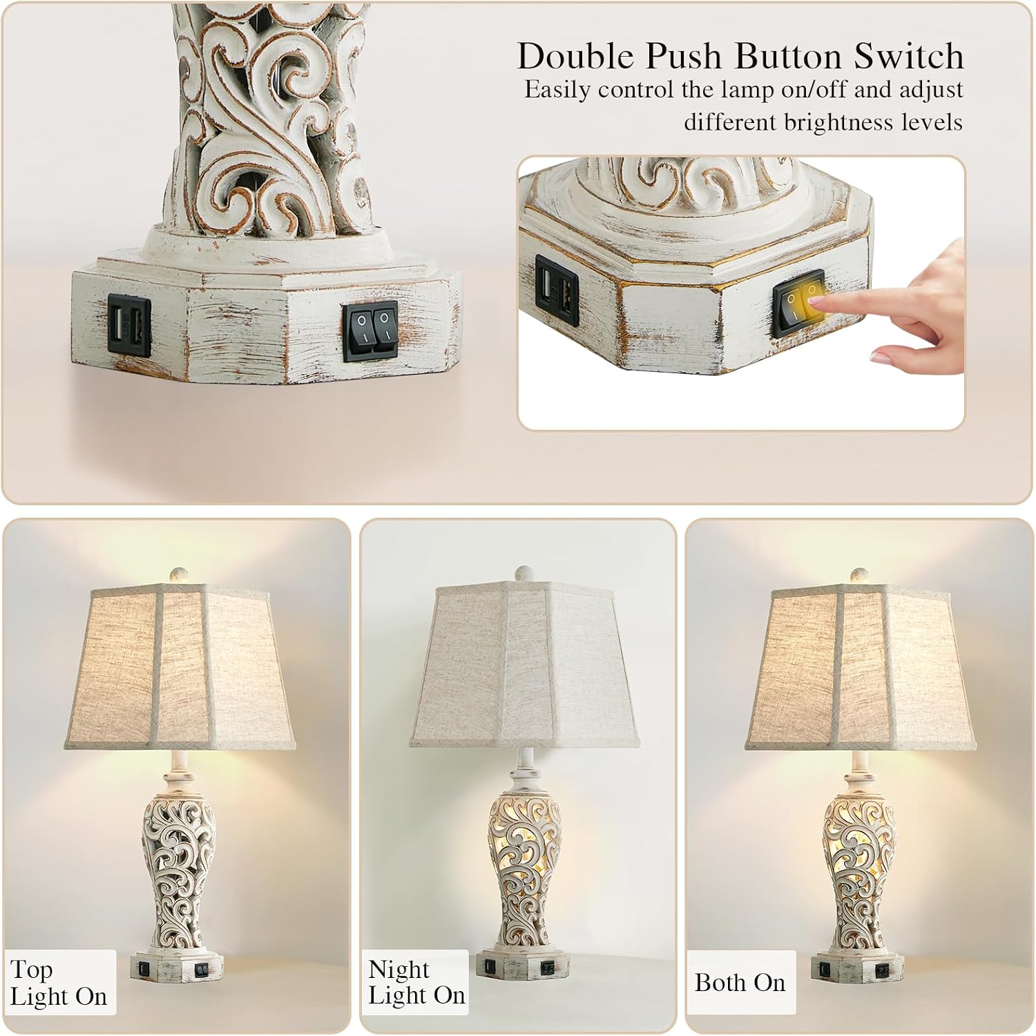 Set of 2 Rustic Table Lamps for Living Room Bedroom, Farmhouse Vintage Nightstand Lamp with 2 USB Ports, Hollow Out Resin Lamp for End…