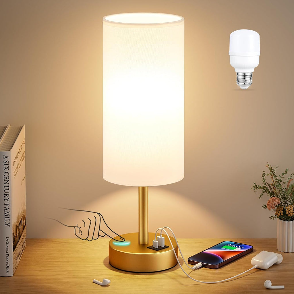 Dicoool Small Touch Bedside Lamp with USB - 3 Way Dimmable Table Lamp for Bedroom, Nightstand Lamp with Gold Charging Station for Desk…