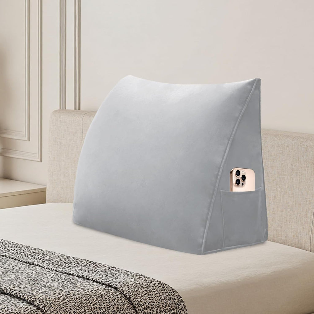 Wedge Headboard Pillow Reading Backrest Pillow for Sitting in Bed Sofa Dorm with Removable Cover Side Pockets Dutch Velvet Fabric Grey