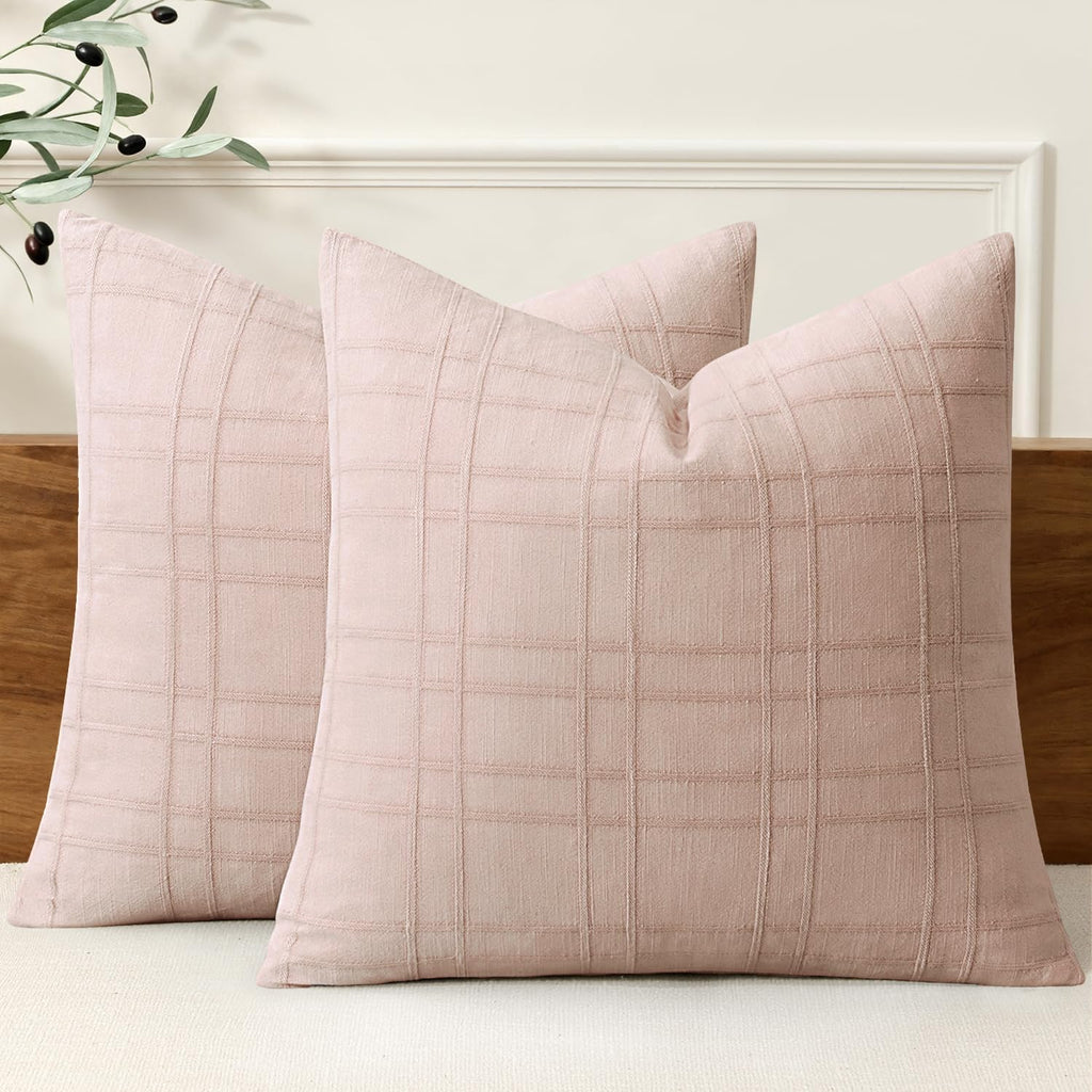 Miulee Decorative Linen Check Throw Pillow Covers Neutral Farmhouse Vintage Spring Valentine Spring Pillow Covers 18x18 Set of 2 Boho Moder…