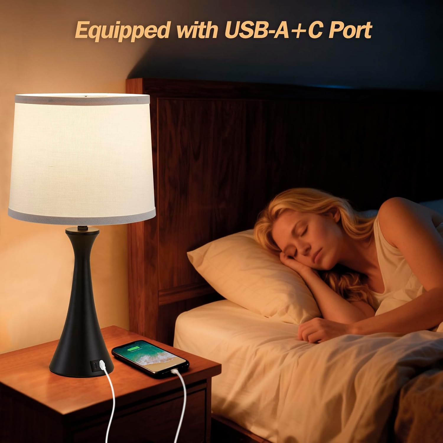 Touch Lamp for Living Room Bedroom, 21" Table Lamps Set of 2 with USB C+A Ports and White Lamp Shades, Touch Bedside Lamps for Nightstand…