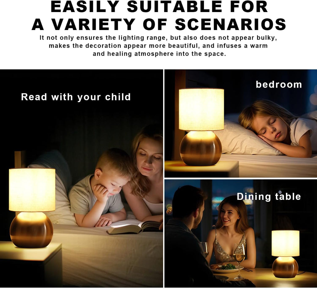 Modern Golden Small Table Lamp with Cotton Linen Shade, 10.4-inch LED Desk Light, One-Button Switch for Bedroom, Living Room, Nightstand…