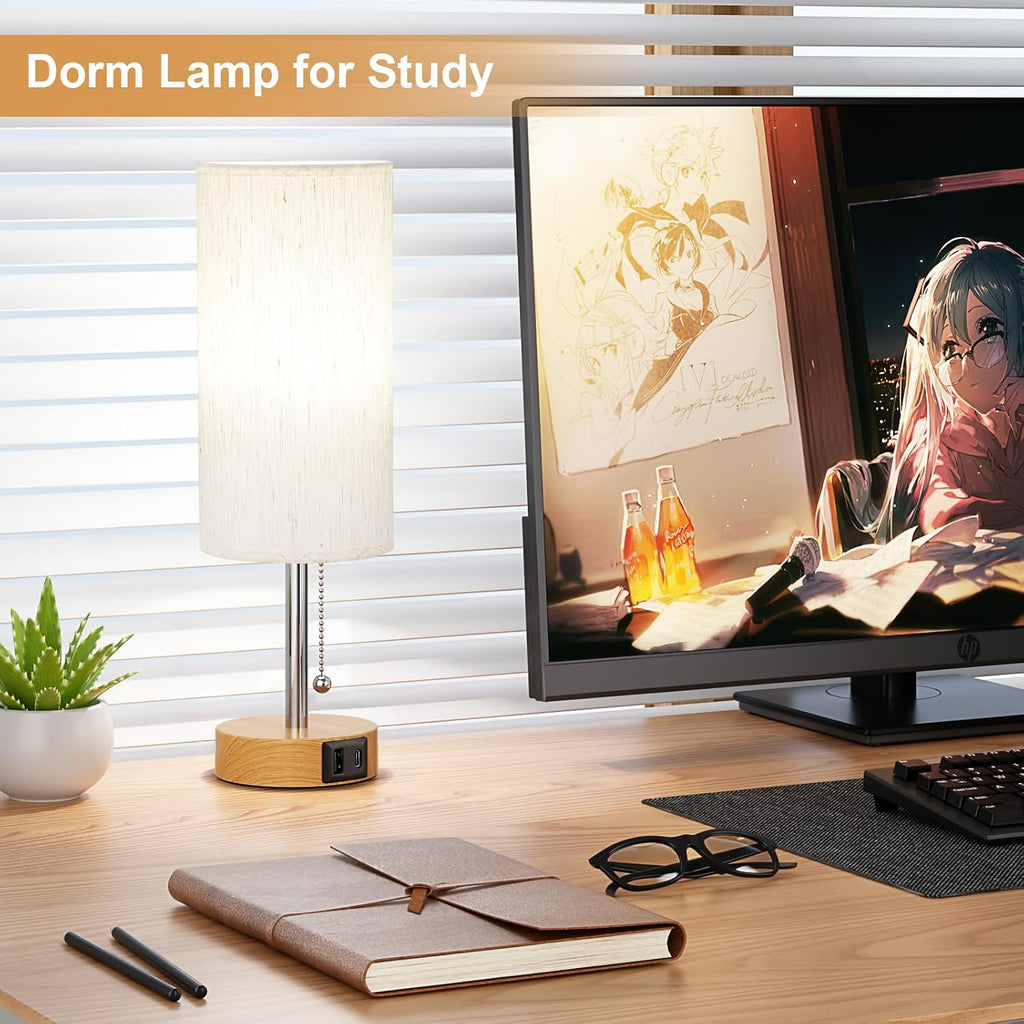 PartageiZ Small Table Lamp for Bedroom Nightstand - Bedside Lamp with USB A + C Charging Port, 3 Color Temperatures Pull Chain Night…