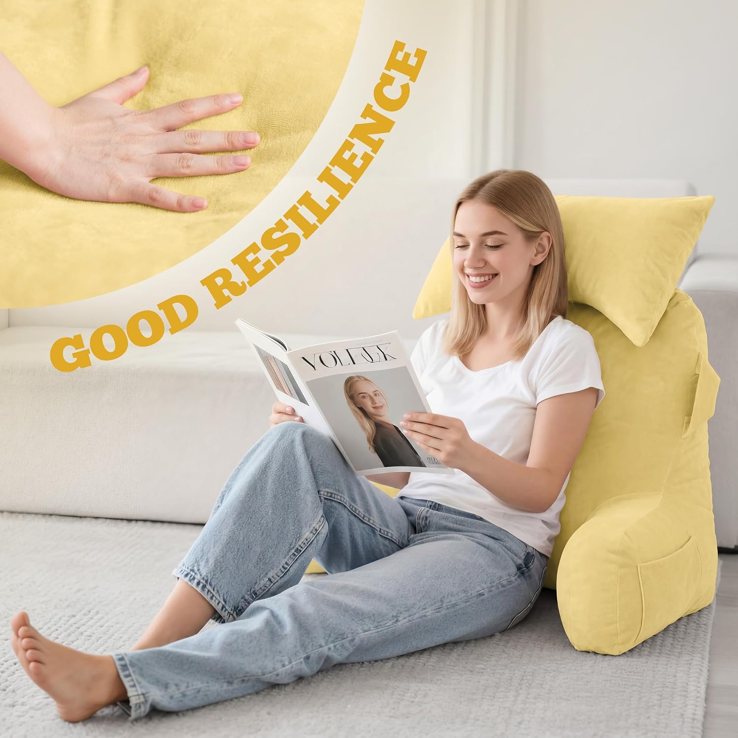 Unisakey Portable Reading Pillows with Headrest for Bed Sitting Up(Yellow Oeko-Tex), Velvet Back Pillow with Arms & Pockets for Adults…