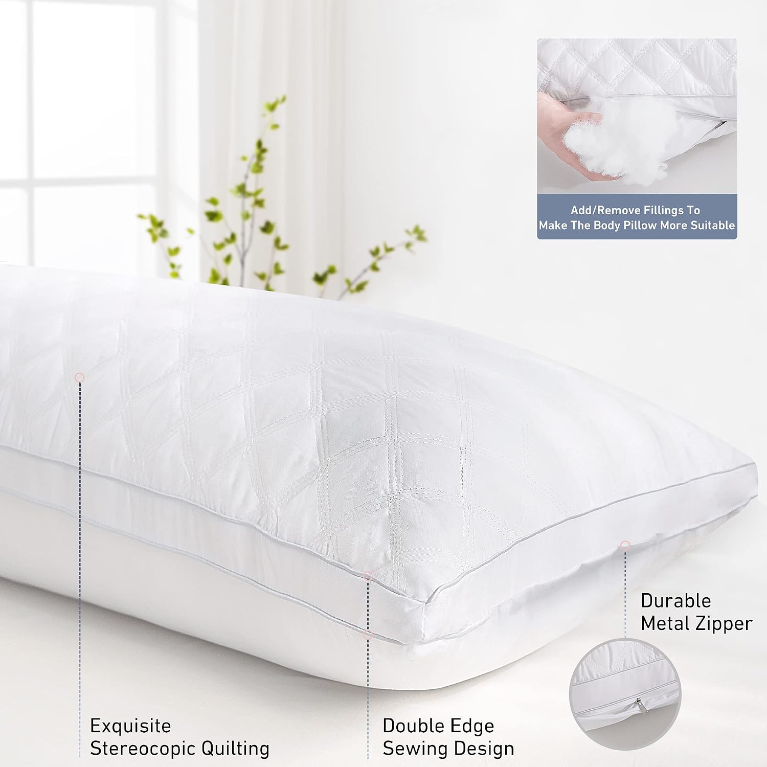 Leeden Body Pillow - White Firm Fluffy Long Pillow - 21 x 54 Soft Plush Full Body Pillows - Adjustable Side Pillow for Sleeping 1 Count Whi…