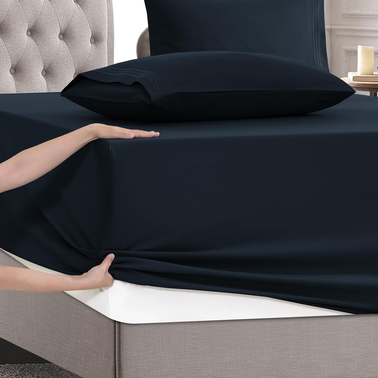 MocassiLuxuryBedding Mocassi Cal King Size 4-Piece Bed Sheet Set - 1800 Hotel Quality Microfiber 18-24 Inches Extra Deep Pocket Fitted Shee…