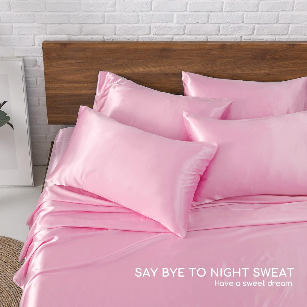 MR&HM Satin Bed Sheets, King Size Sheets Set, 6 Pcs Silky Bedding Set with 15 Inches Deep Pocket for Mattress (King, Pink) 6 Pcs 15 In…