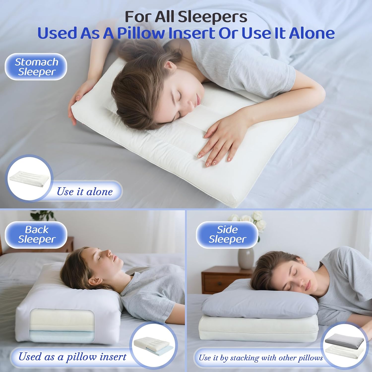 Flat Pillow - Ultra Thin & Adjustable Low Pillow for Side Back Stomach Sleepers, Relief Neck & Shoulder Pain, Customizable Support with…