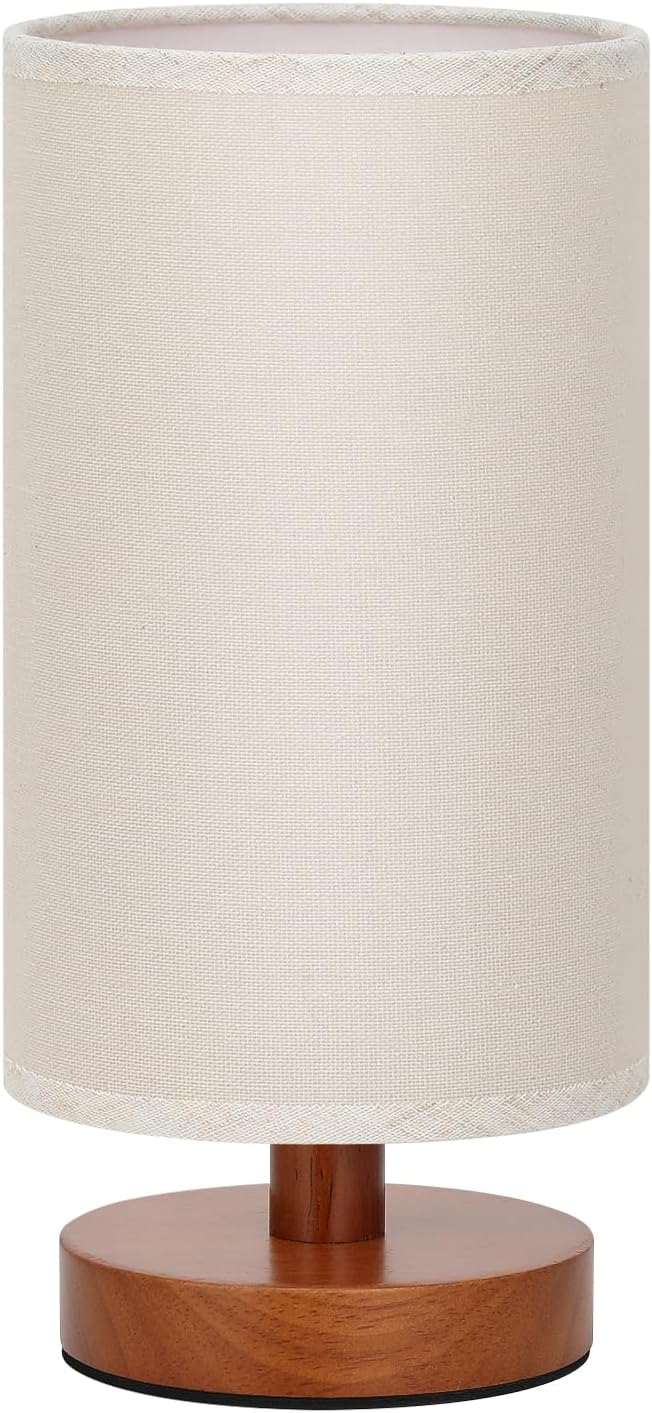 Fenmzee Small Table Lamp for Bedroom - Inline Control, Bedside Lamp with 3000K A15 LED Blub, Easy Assembly (Beige Shade - Walnut Base, 9"…