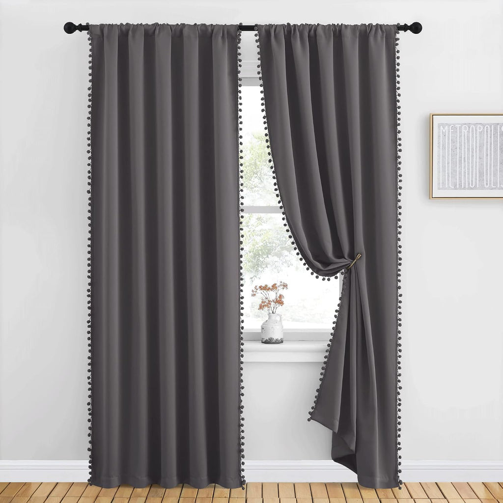NICETOWN 2 Panels Blackout Curtains, Rod Pocket Pompoms Curtains 84 inches Length for Classroom, Thermal Insulated Cute Window Drapes for…