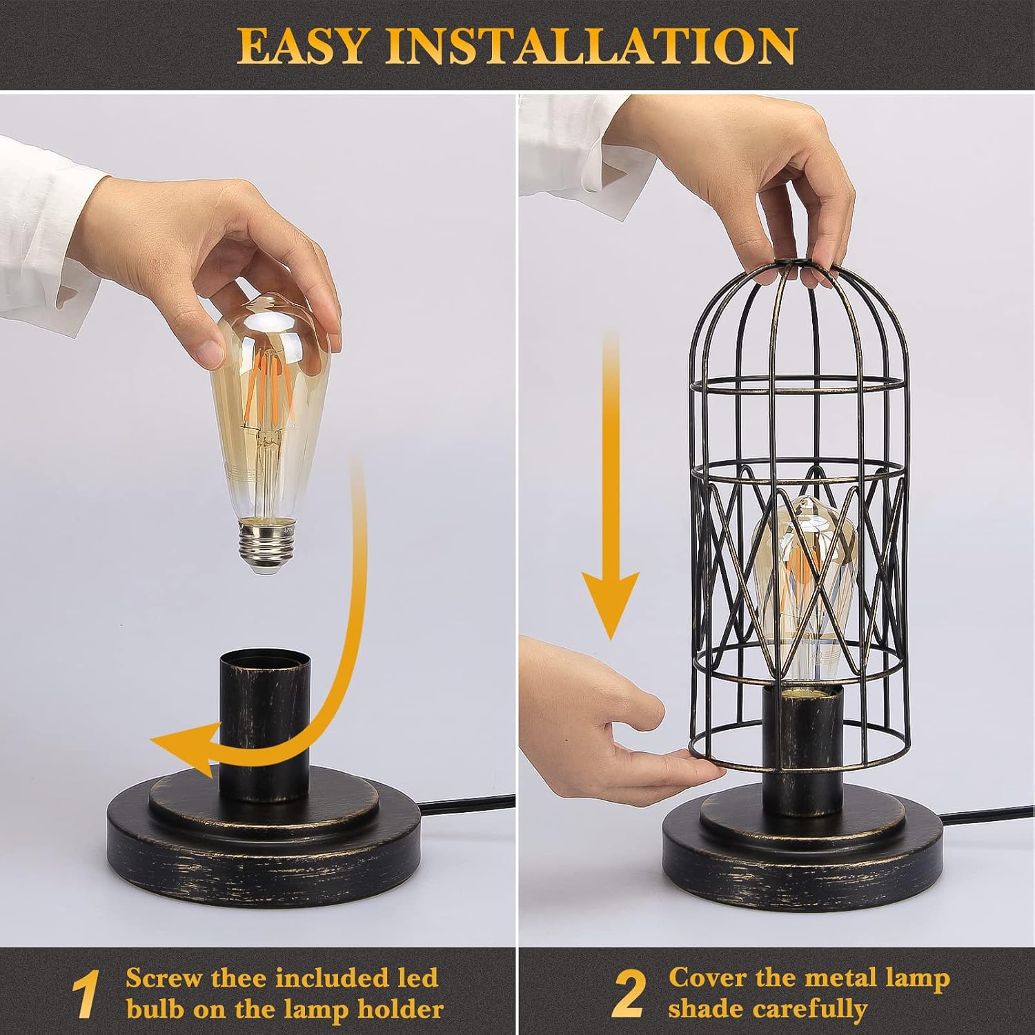 Industrial Table Lamp, Small Touch Lamp with Rustic Cage Vintage Bedside Lamp 3 Way Dimmable Nightstand Lamp Edison Desk Lamp for…