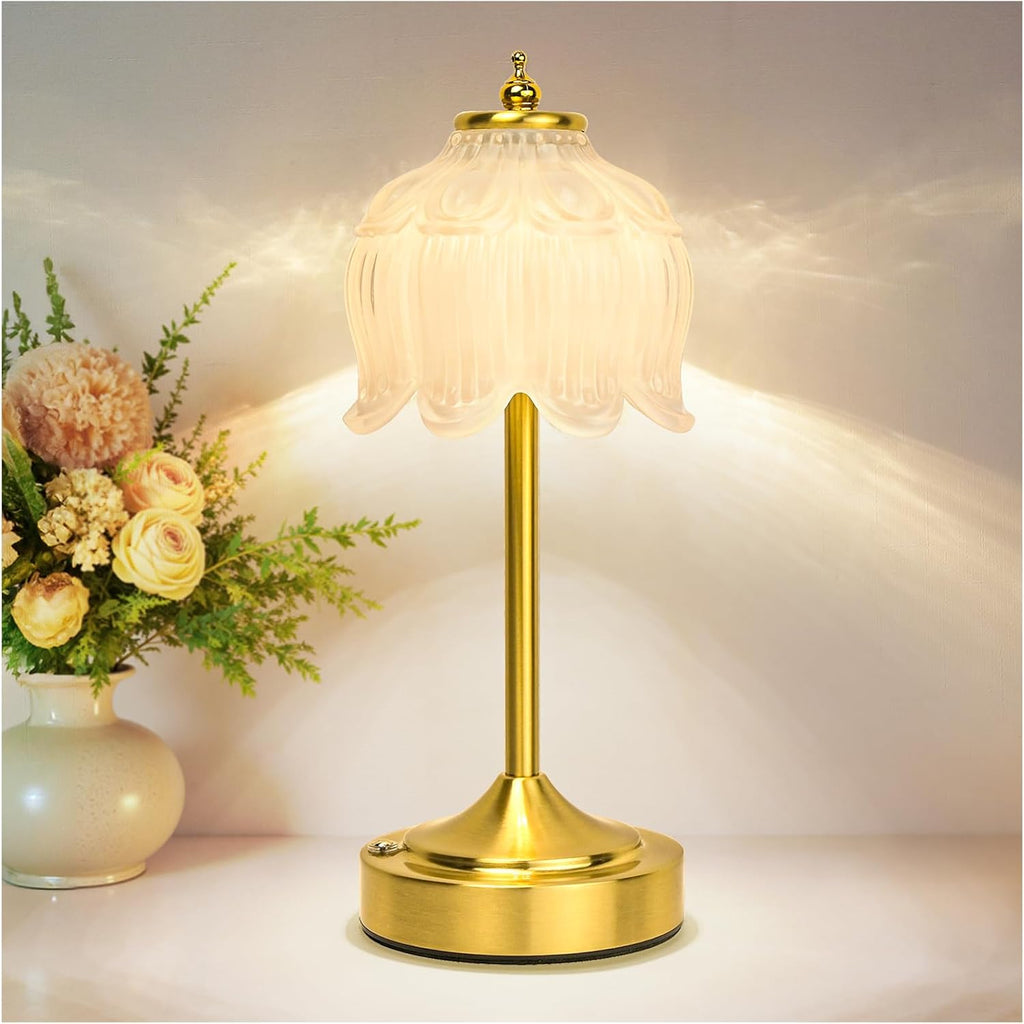 Cordless Lotus Flower Table Lamp, 5200mAh Rechargeable Battery Operated Portable Lamp, 3-Color Dimmable Touch Control Small Desk Lamp for…