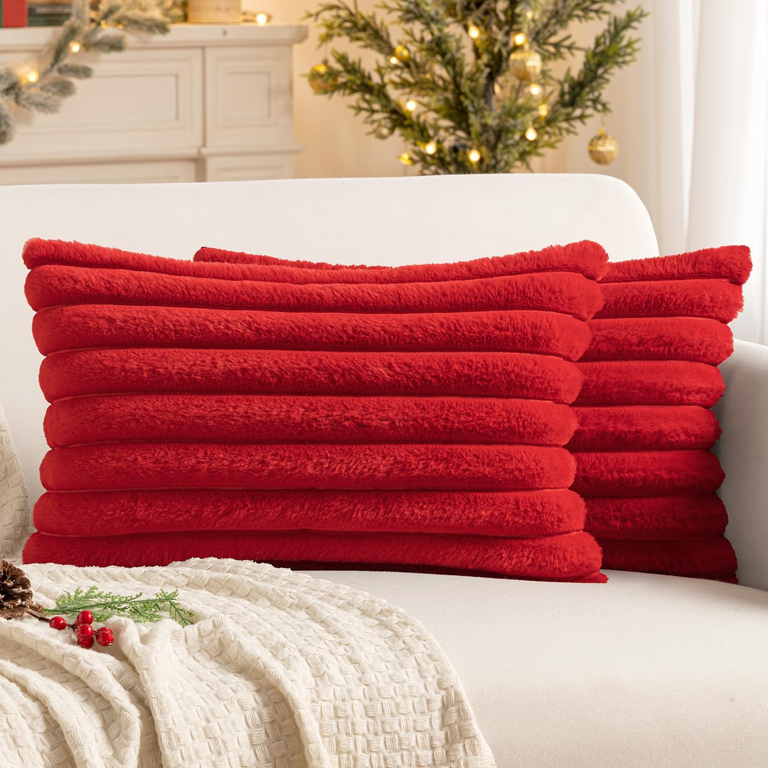 Miulee Faux Fur Decorative Throw Pillow Covers 12x20 Inch Set of 2, Modern Spring Home Decor Soft Plush Couch Pillows Cozy Fluffy Cushion C…