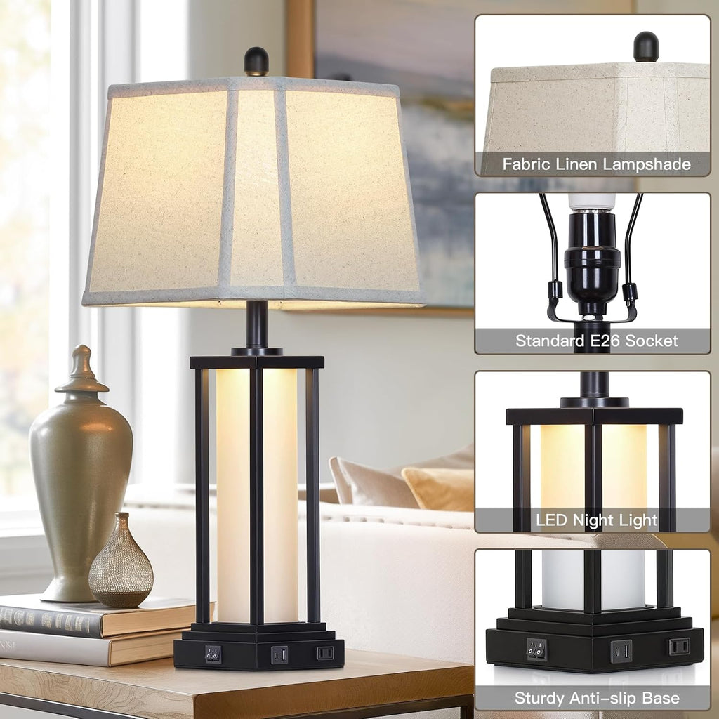 Cinkeda 27" Tall Vintage Table Lamp Set of 2 with USB C+A & Outlet, Black Industrial End Table Lamp for Living Room, Farmhouse Rustic…