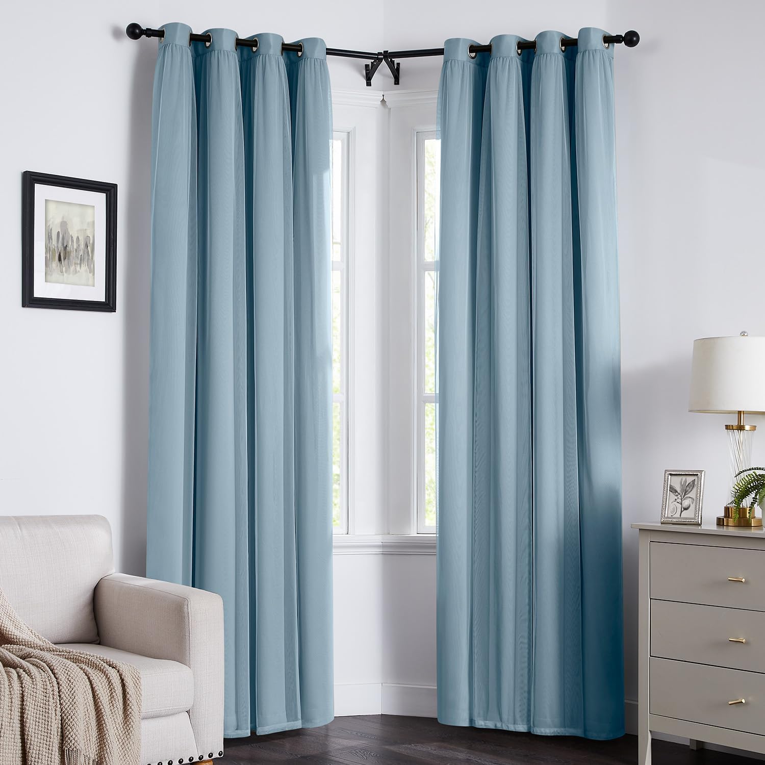 Swandream 100% Blackout Curtains for Bedroom, Double Layer Blue Curtains, Black Out Curtain 108 inch Long with Sheer Overlay for Living Roo…