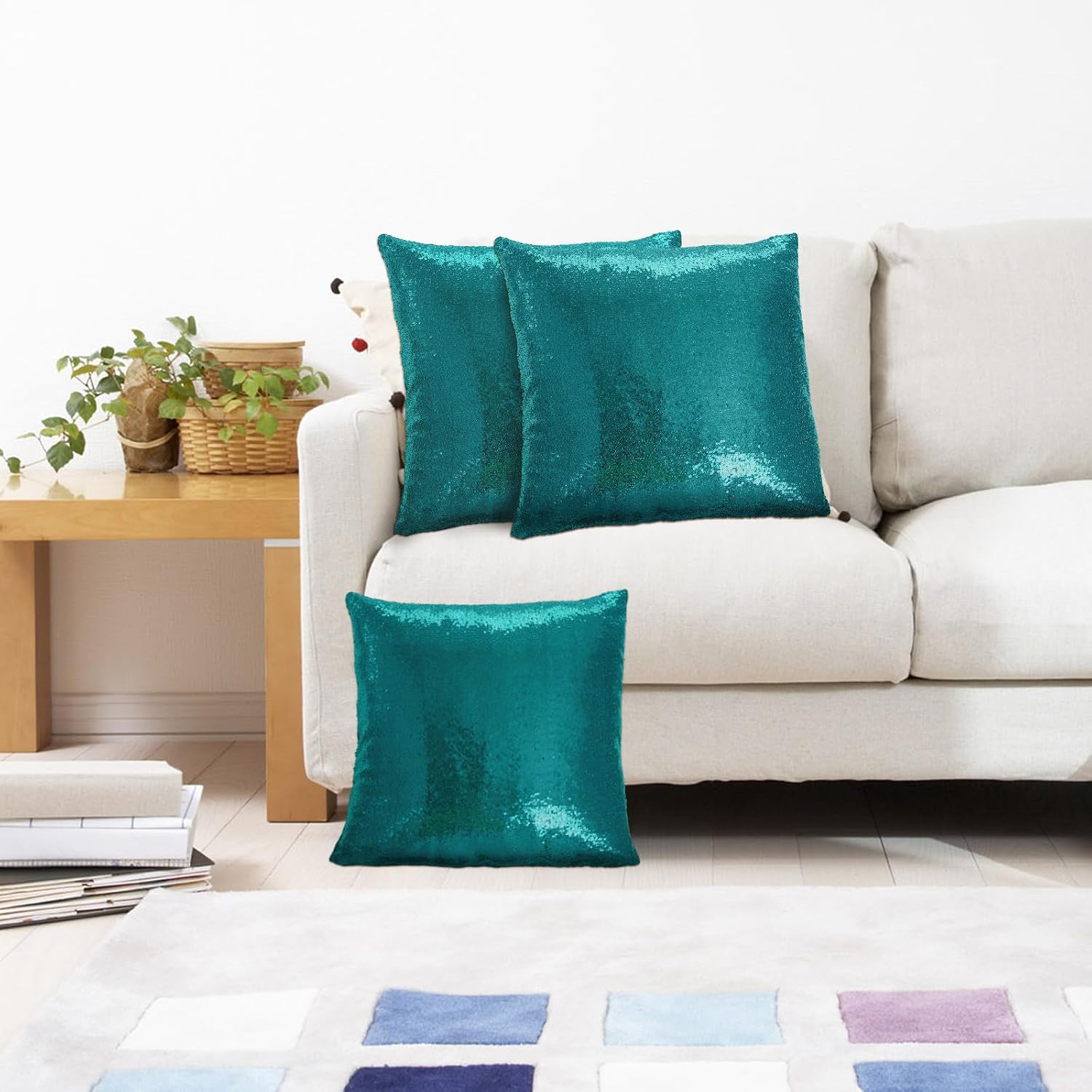 Eternal Beauty Set of 2 Sequin Decorative Pillow Cover Teal Throw Pillow Covers for Couch Throw Pillows 18 X 18 Inches